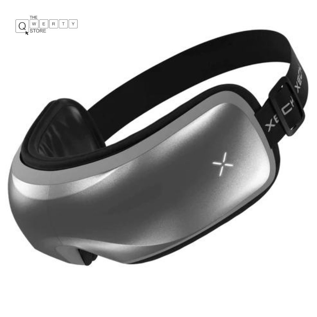 Silver iSoothe Eye Massager, comfortable design with adjustable strap, relaxing eye massager, Qwerty Store.