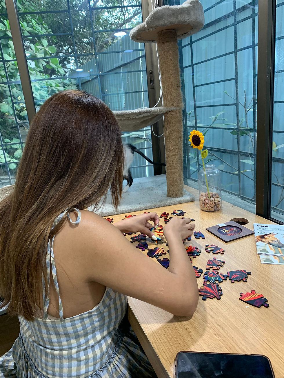 Woman assembling colorful wooden puzzle pieces at a wooden table. A cat and a sunflower in a jar are nearby. Relaxing indoor setting.