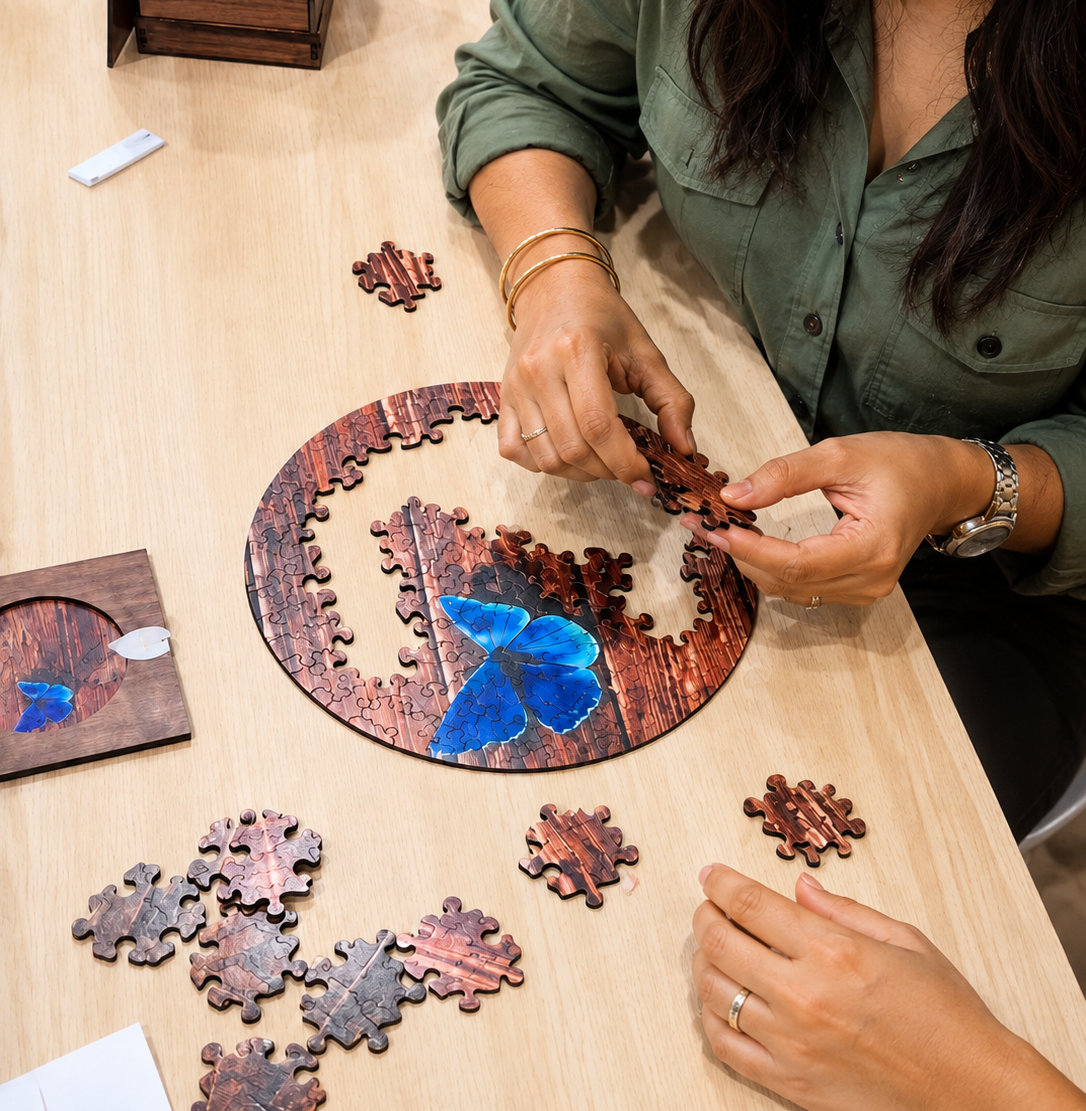 Woman in green shirt assembling a round blue butterfly puzzle on a wooden table, smiling in a focused, cozy setting.