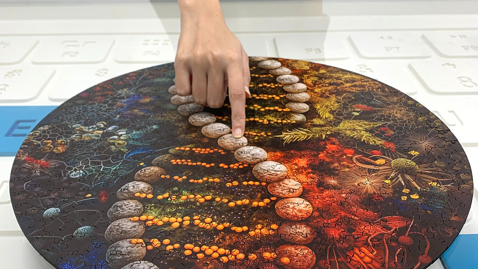 A person points at a colorful circular puzzle featuring a DNA design on a table. The background is a neutral indoor setting.