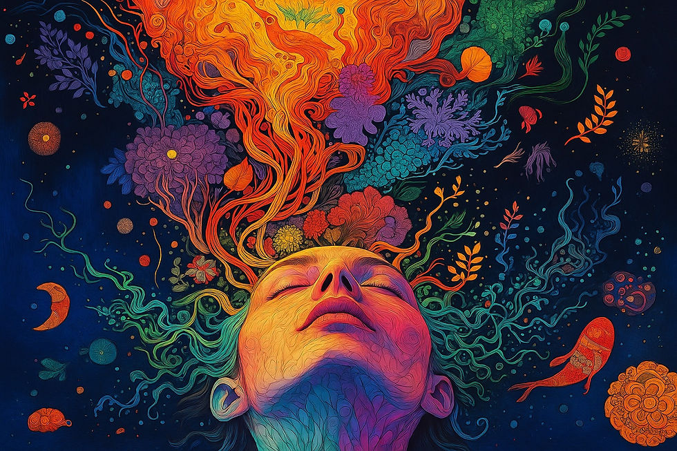 CogZart Affirmative Coloring visualizes stress relief as colors and flowers flow from a calm, closed-eye face