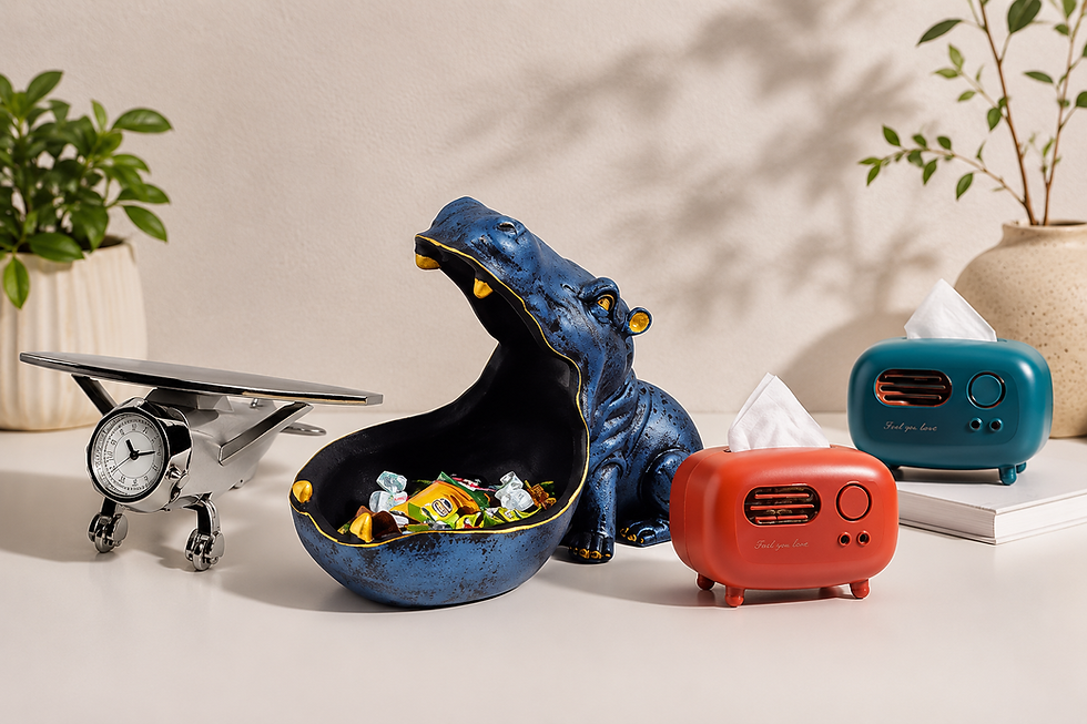 The image shows curated gifts from The Qwerty Store, featuring a quirky aeroplane clock, hippo bowl, and retro tissue boxes.