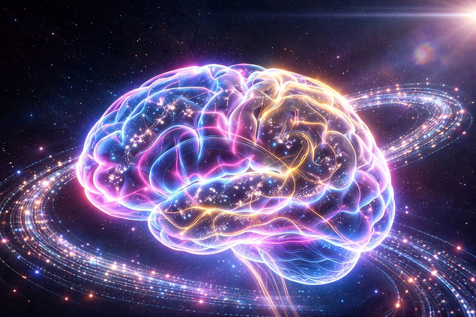 Glowing neon brain with swirling lights on a dark starry background, featuring vibrant blue, pink, and yellow lines, evoking wonder.