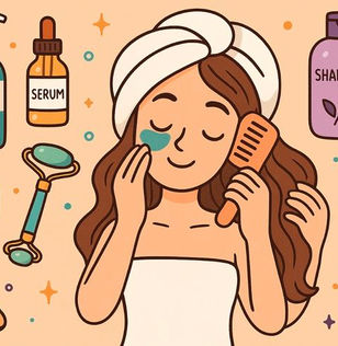Woman enjoying skincare and hair care with beauty essentials, illustrating a simple self care routine for women with PMS Log.