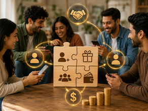 Smiling friends sit around a puzzle-block chart with icons for people, gift, wallet, and money, in a warm room with glowing handshake graphic