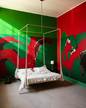Custom bedroom wall mural with bold red and green artistic interior design