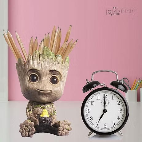 Cute Baby Groot planter pen holder for desk décor and stationery organization – quirky workspace accessory from The Qwerty Store.