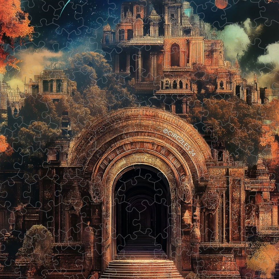 Old archway leads to the Once Upon India heritage castle, surrounded by trees.