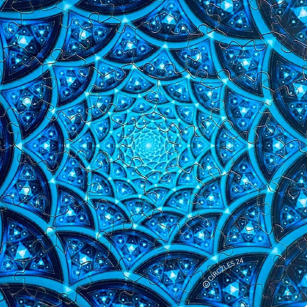 Abstract blue geometric fractal design pattern with spiraling shapes and Alpha Blue.