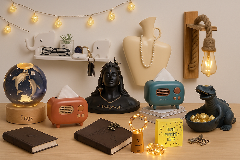 Diwali gifts under ₹999 at The QWERTY Store - desk with dolphin lamp, Adiyogi bust, retro tissue boxes, fairy lights.