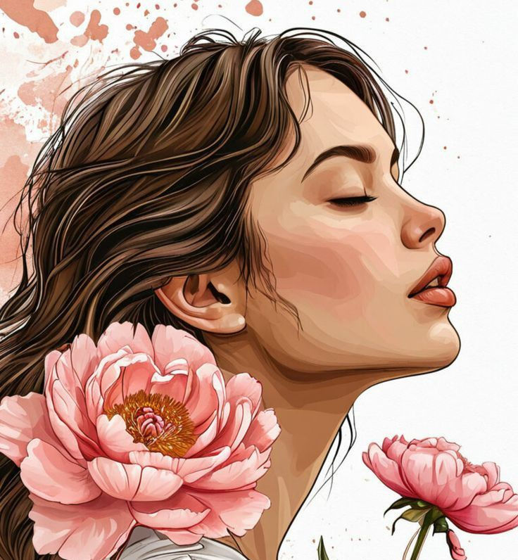 Serene feminine portrait with flowers expressing calm, confidence, and natural beauty, aligned with mindful living narratives by pmslog.