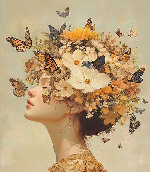 A woman with flowers and butterflies in her hair gazes serenely sideways. Earthy tones and a soft background create a dreamy calm atmosphere.