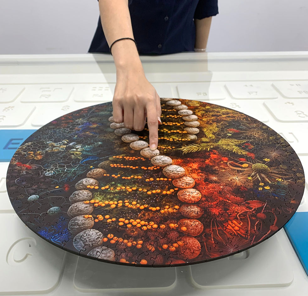 DNA-Coded Carbon circular puzzle with intricate patterns and colourful interlocking pieces