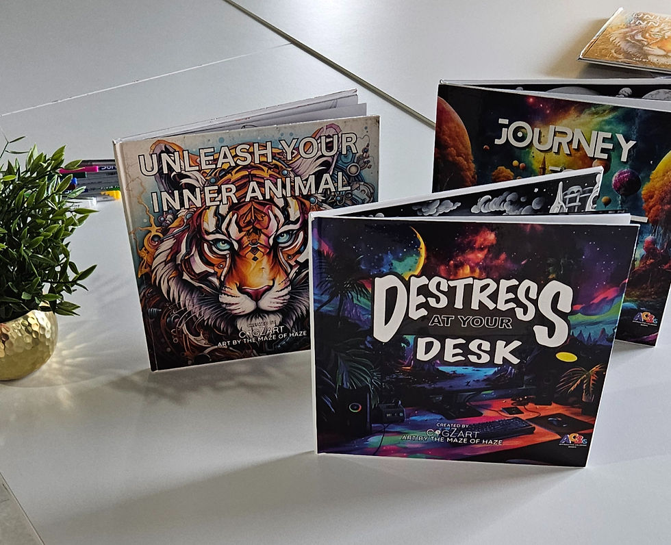 Colorful books stand on a table, featuring titles like "Unleash Your Inner Animal" and "Destress at Your Desk." A plant adds greenery.