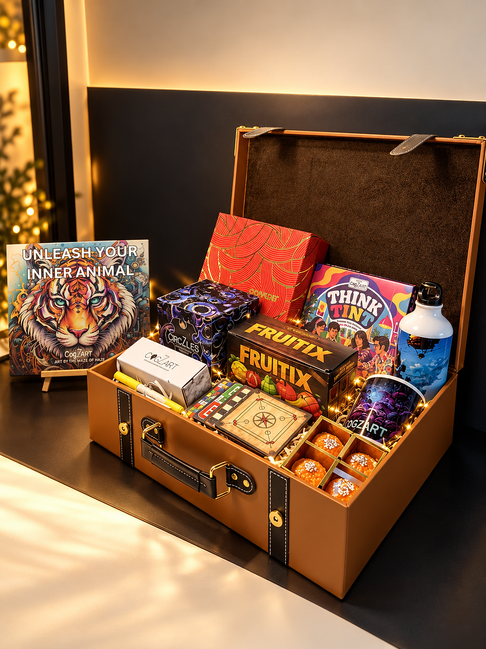 Open leather gift case with colorful game boxes and snacks, including UNLEASH YOUR INNER ANIMAL, THINK TINT, and FRUITIX.