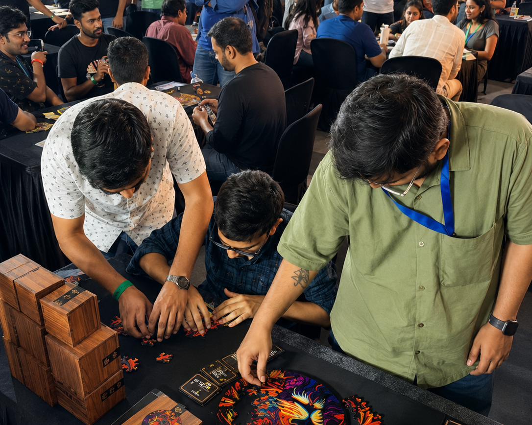 Crowded expo booth where young adults play CIRCZLES puzzles at tables, with wooden game boxes and colorful boards under bright lights.