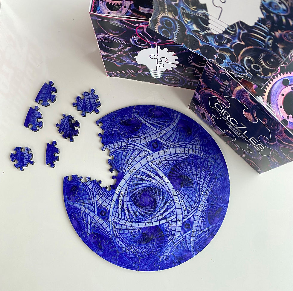 Partially assembled Escheresque CircZles puzzle with swirling blue geometric patterns, shown with scattered pieces and branded boxes.