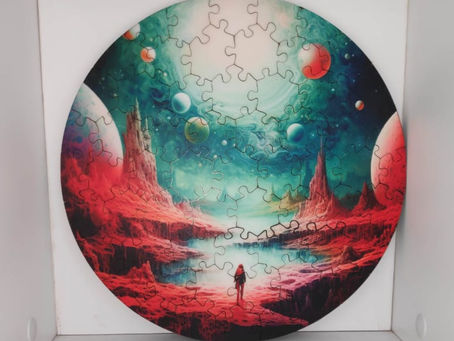 Circular puzzle with a cosmic landscape showing a lone figure on a red alien terrain under a vibrant, colorful sky with planets and stars.