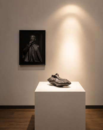 Gallery display with sculptural shoe artwork on a pedestal under focused lighting