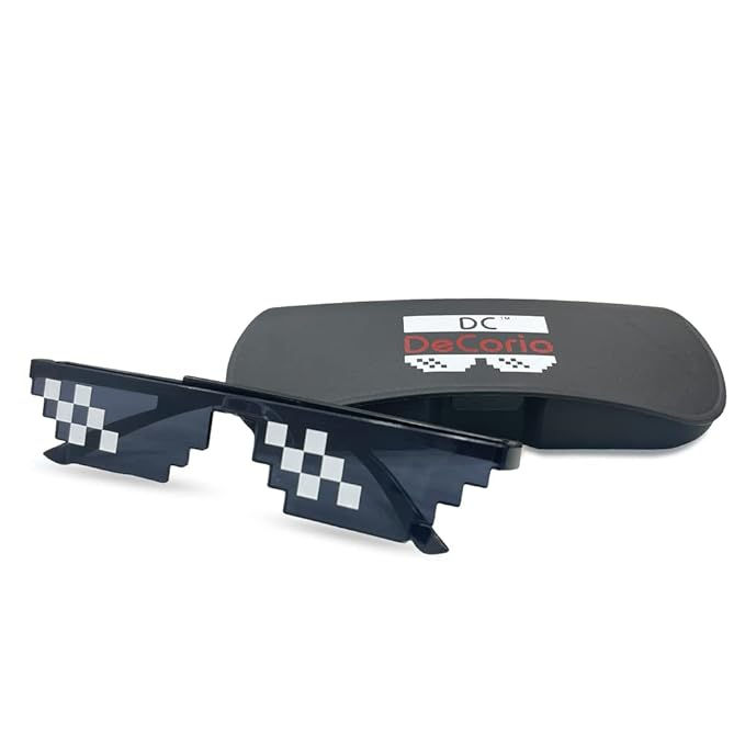 Thumbnail: Pixelated sunglasses beside a case with text. The Qwerty Store offers these shades.