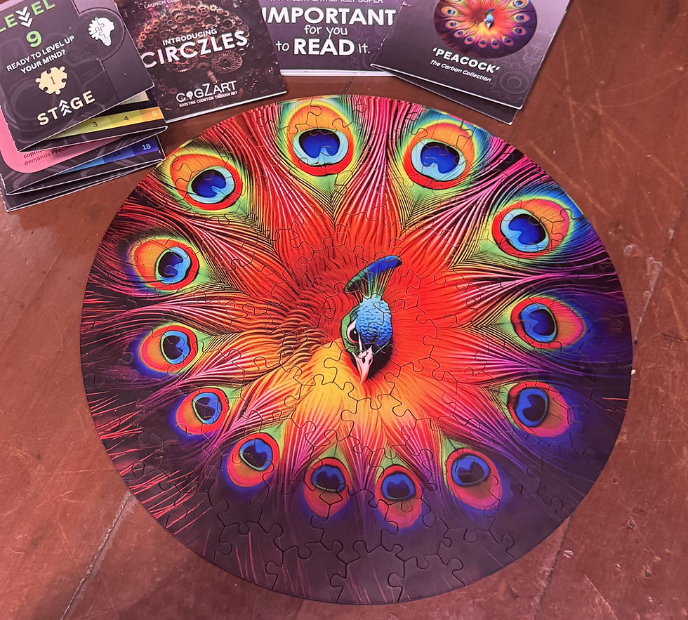 Colorful peacock puzzle complete on a wooden table. Surrounding booklets show text: "LEVEL 9," "CIRCLZLES," "IMPORTANT," "PEACOCK."