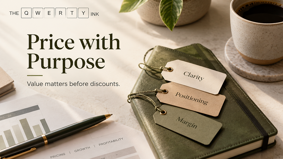 Pricing Strategy visual by The QWERTY Ink highlighting value, positioning, clarity, and profit before relying on discounts.
