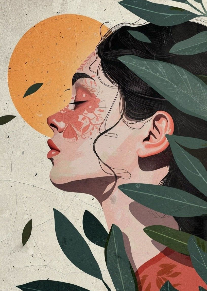 A serene portrait of a woman with leaves around her, symbolizing calmness, mindfulness, and the connection between nature and inner peace, ideal for self-reflection.