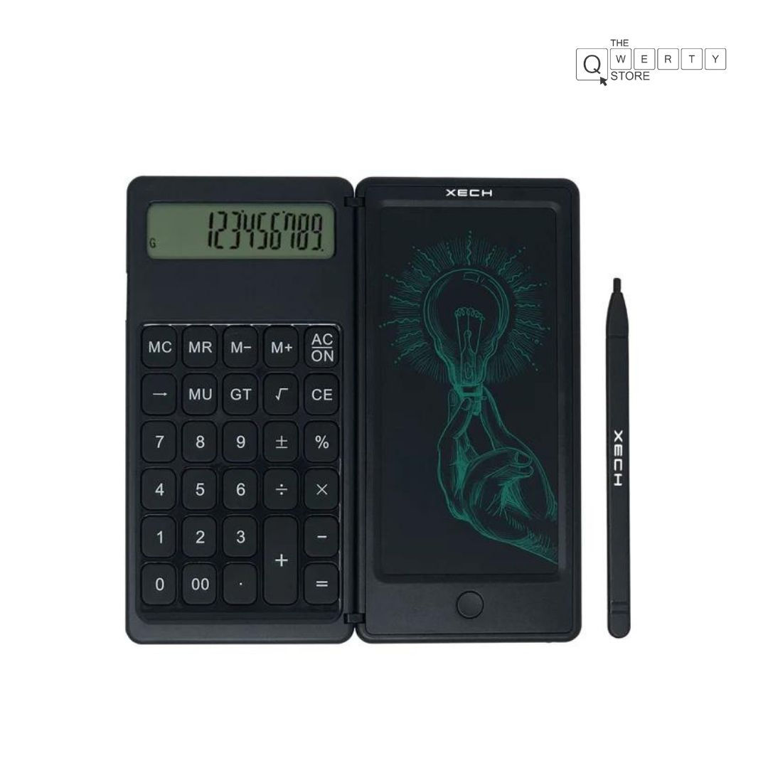 A black calculator and writing tablet with stylus.