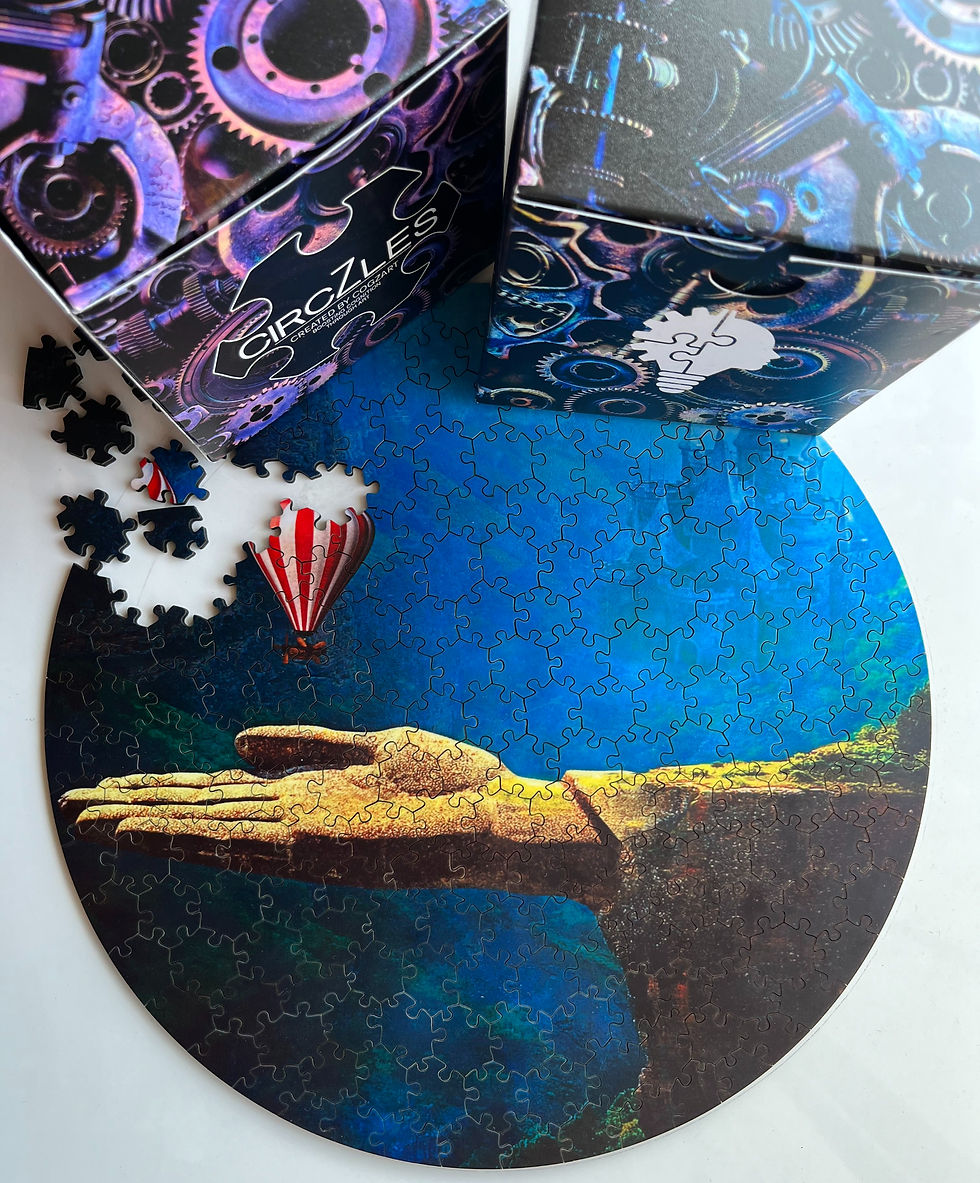 Round puzzle with a yellow hand and red air balloon over a blue background. Gear-patterned boxes titled Cirozles nearby, scattered pieces.