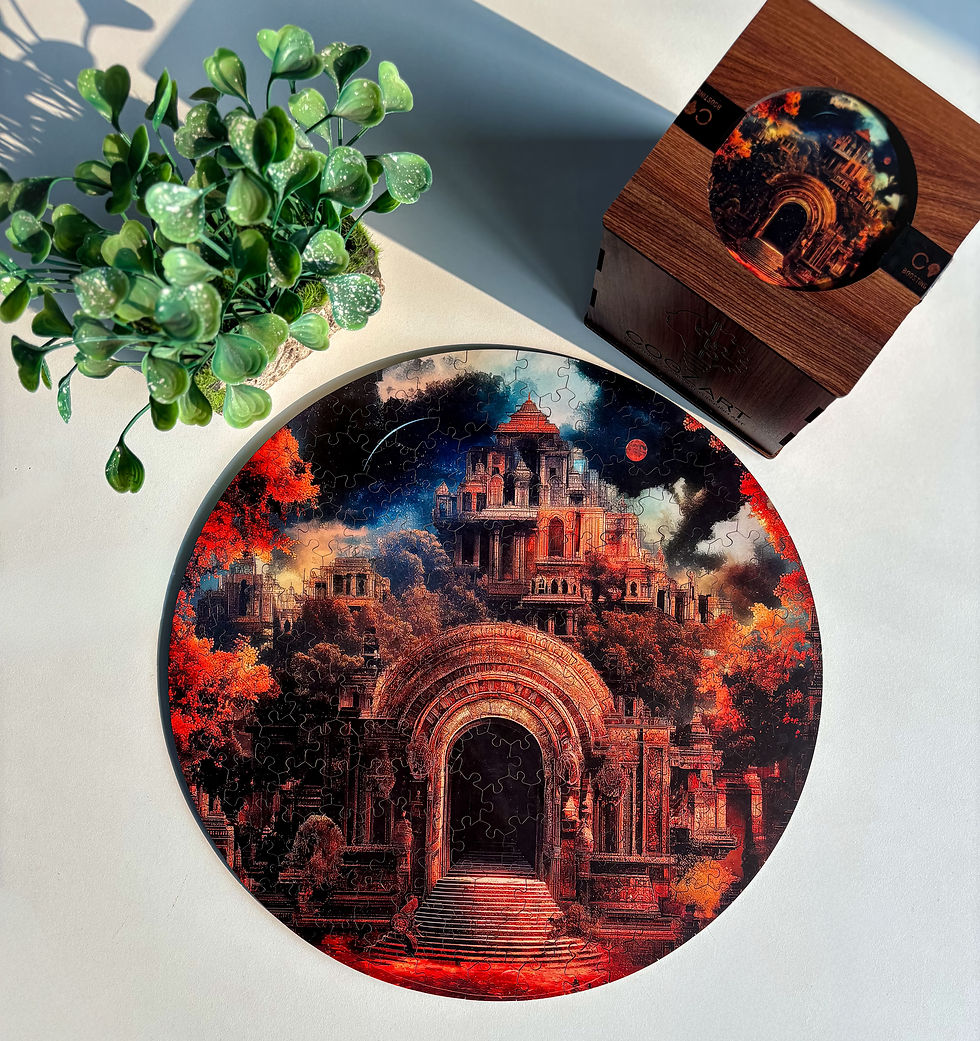 wooden puzzle, Once Upon in India temple art, calming brain-training desk decor.