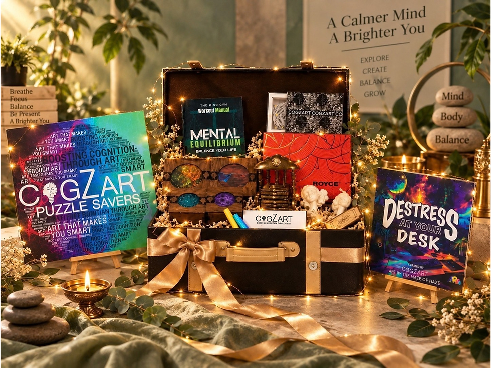 Warm zen display of Cogzart puzzle art gift box, fairy lights, candles, and posters reading A Calmer Mind, A Brighter You