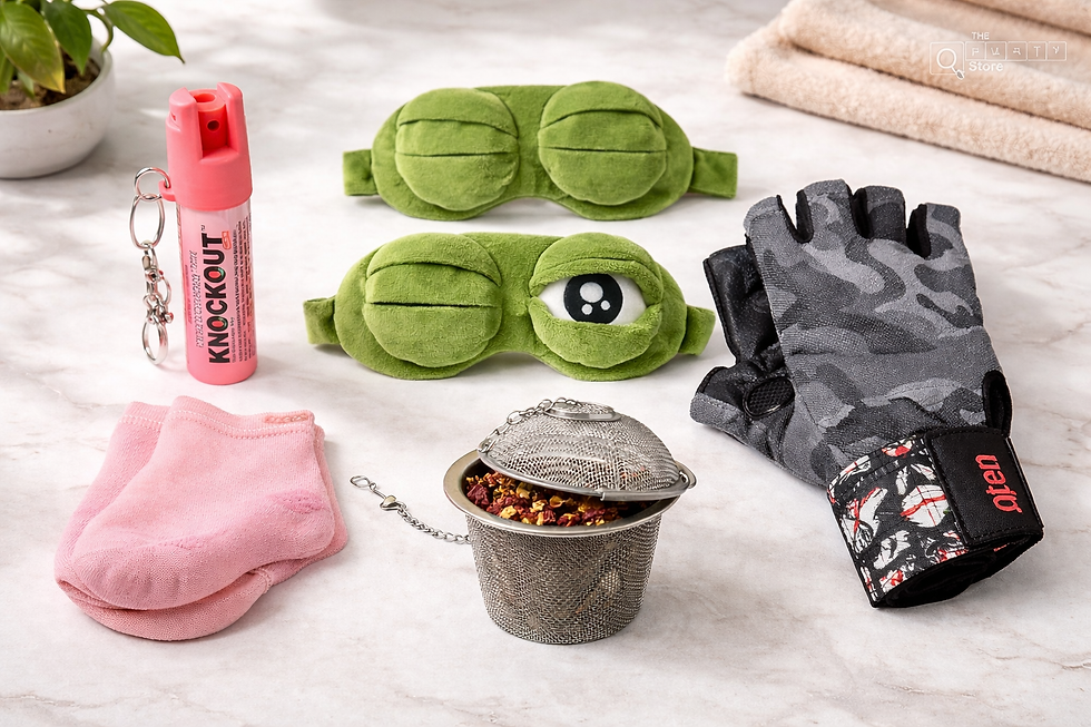 Aesthetic flat lay of quirky lifestyle products including pepper spray, frog eye mask, gloves, socks and tea infuser by The Qwerty Store