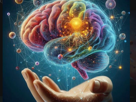 A colorful brain hologram hovers above a hand, surrounded by interconnected nodes on a dark background, creating a futuristic, dynamic feel.