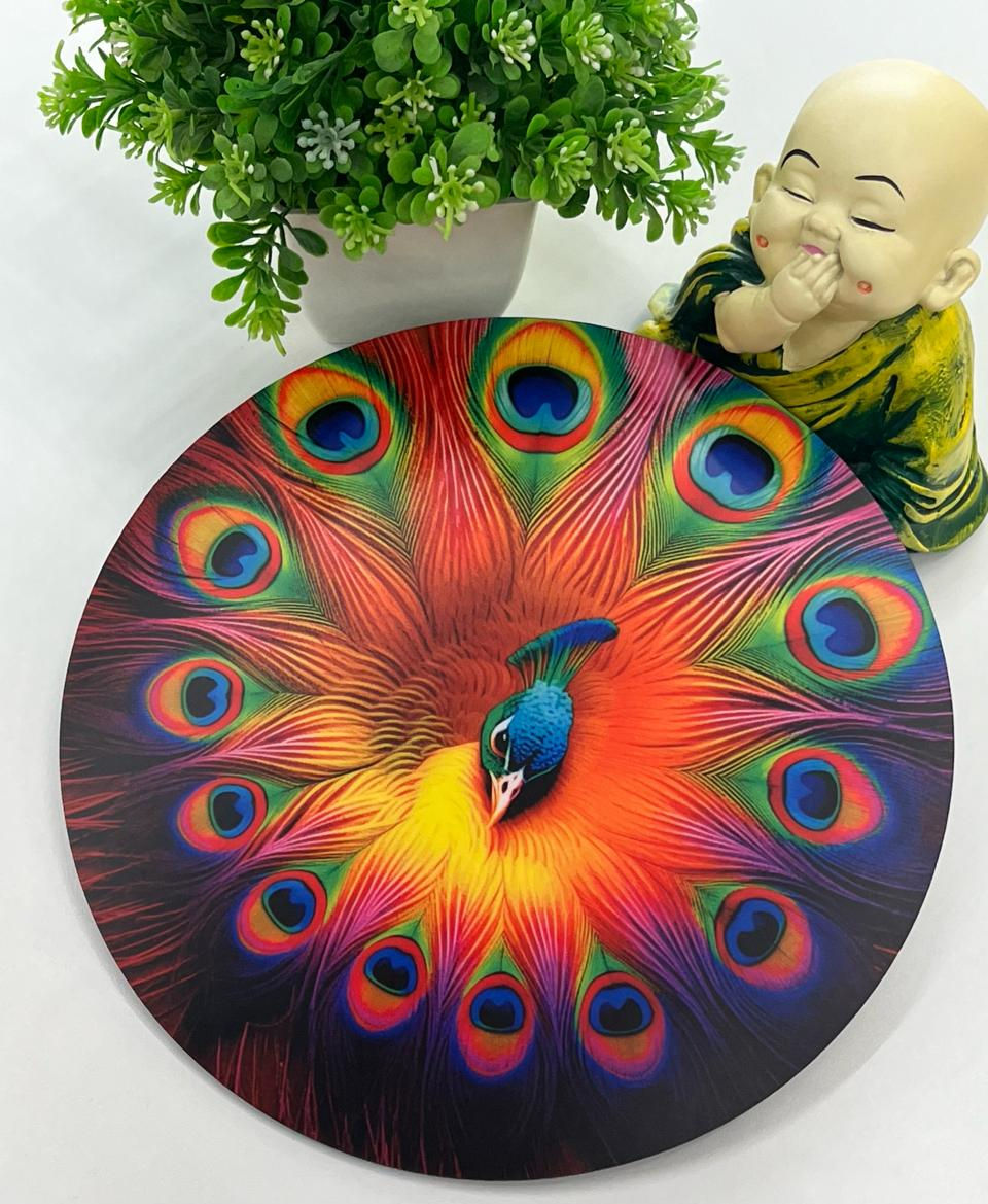 Circular jigsaw puzzle with a colorful peacock design.