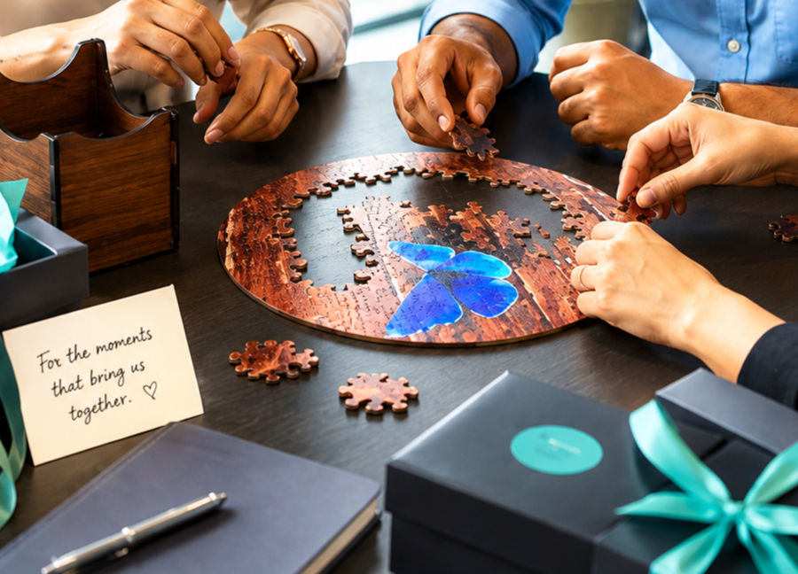 Hands assemble a circular butterfly puzzle on a dark table, beside gift boxes and a note saying For the moments that bring us together.