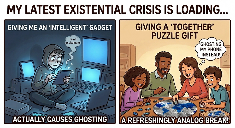 Split meme: hoodie teen stares at gadget, then smiling family does puzzle; captions joke about ghosting and existential crisis.