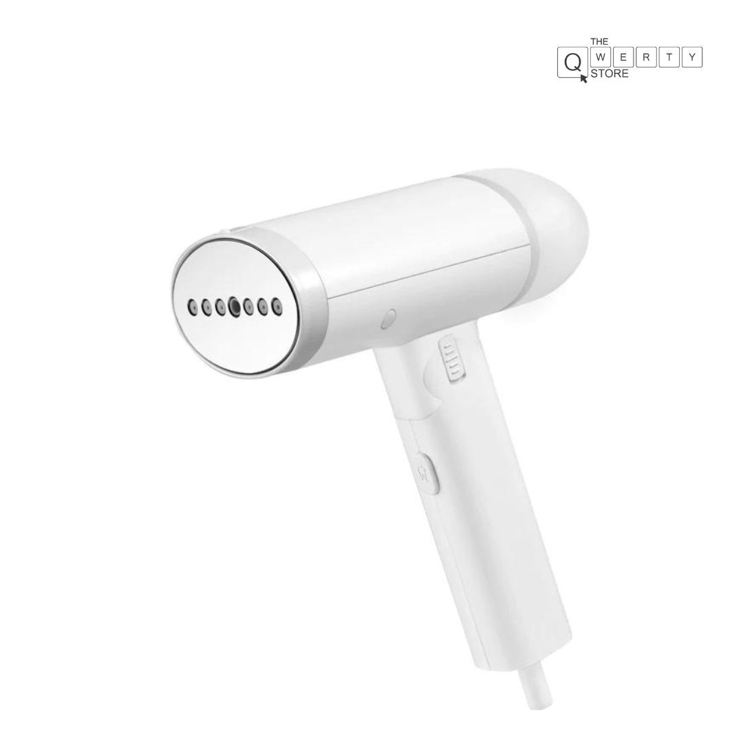 White handheld garment steamer, steam holes visible. Iron Steamer for clothes