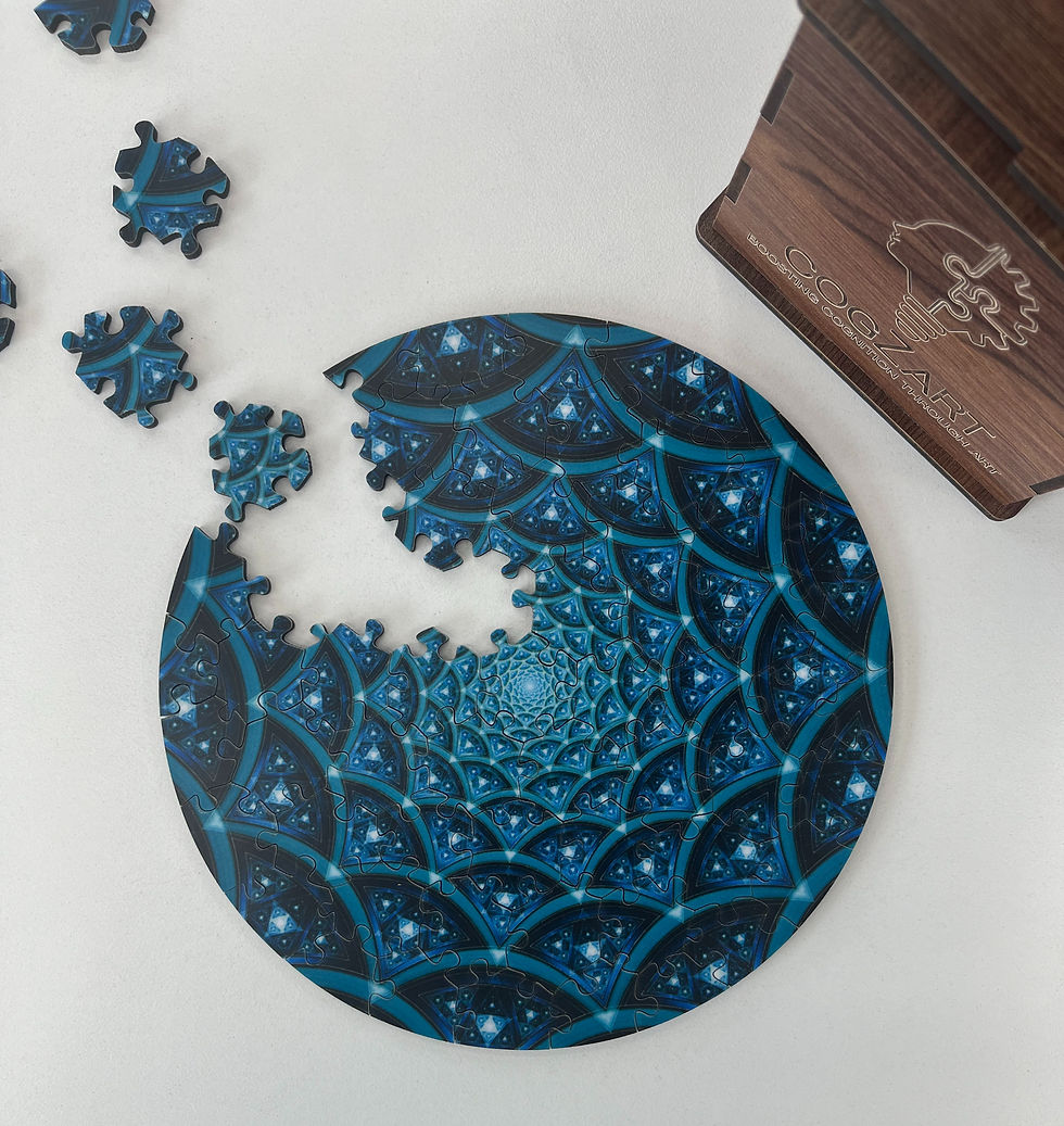 Alpha Blue CircZles puzzle featuring a detailed circular pattern, ideal for Puzzle Racing focused on visual recognition, strategy, and speed.