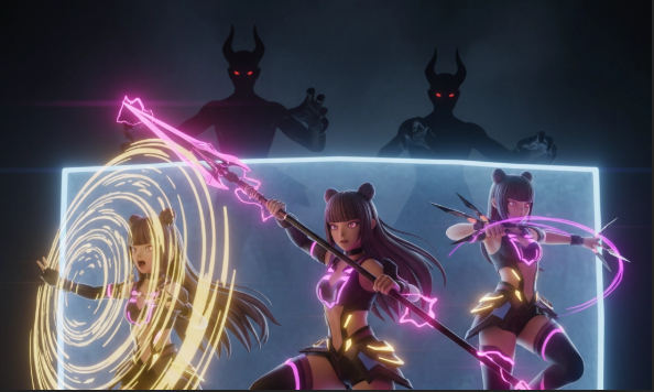 Three anime characters in glowing black and pink outfits wield weapons against shadowy figures with red eyes, in a dark, mystical setting.