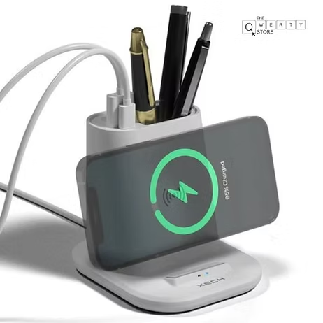 Multifunction desk organizer with wireless charger and pen holder – smart workspace accessory from The Qwerty Store.