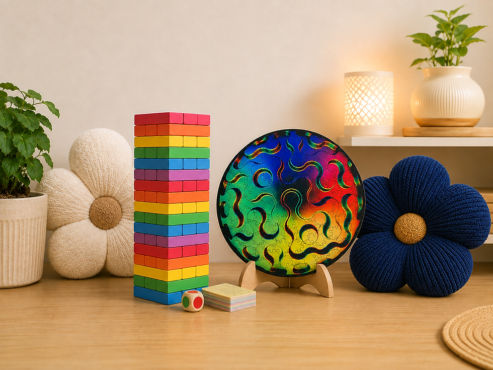 The image shows colorful puzzles and games from The QWERTY Store, perfect for creative and fun date night ideas at home.