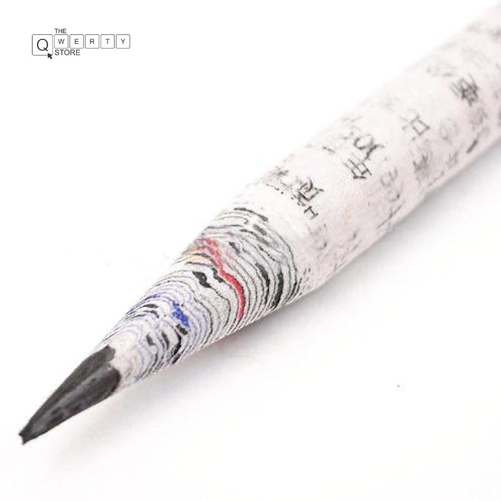 Thumbnail: Close-up of a pencil wrapped with newspaper, The Qwerty Store logo visible.