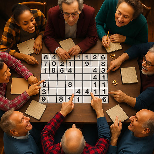 Group of people sitting around a table smiling and collaborating while solving a large CogDoku Sudoku puzzle on a board.
