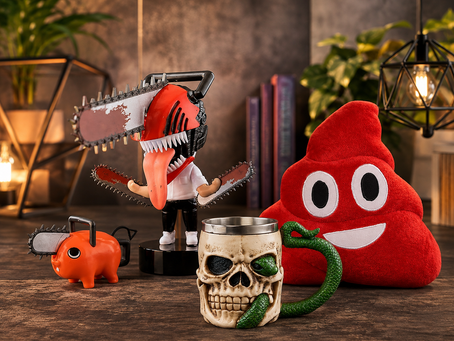 The images shows weird gifts for friends from The Qwerty Store, featuring quirky chainsaw figures, a skull mug, and a red poop cushion.