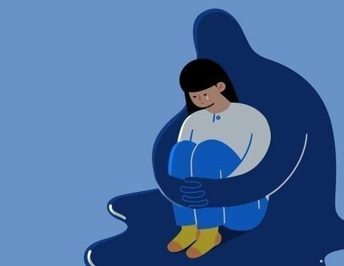 The image shows a woman sitting curled up beneath a dark shadow, reflecting emotional heaviness linked to how do I know if I have PMDD, for PMS Log.