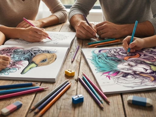 People coloring intricate designs in books on a wooden table. Colored pencils and erasers scattered around. Focused, relaxed atmosphere.