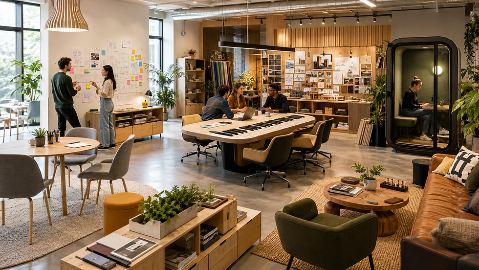 Modern creative office design ideas featuring collaboration zones, brainstorming walls, focus pods, flexible furniture, and a statement meeting table.