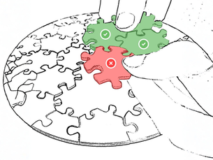 Illustration showing a misfit puzzle piece marked with a red "X" among correctly placed pieces with green check marks—a mindful reminder that mistakes are part of the Circzles journey.