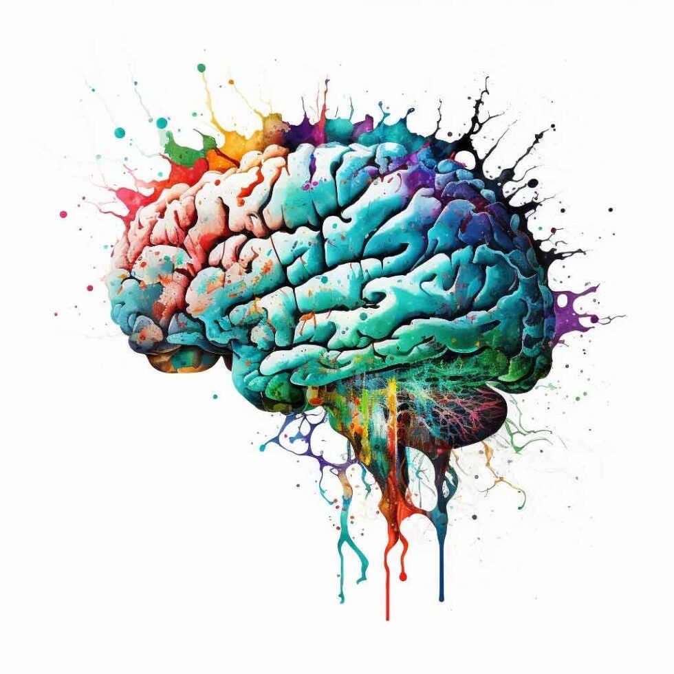 Colorful artistic brain illustration with vibrant paint splashes. Brain Games and Puzzling for a Purpose.