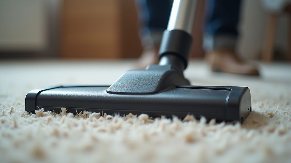 Close-up view of a vacuum cleaner cleaning carpet fibers